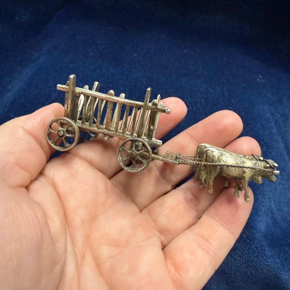 Antique 800 Silver Miniature Oxen Pulling Cart Figurine Hallmarked 54g